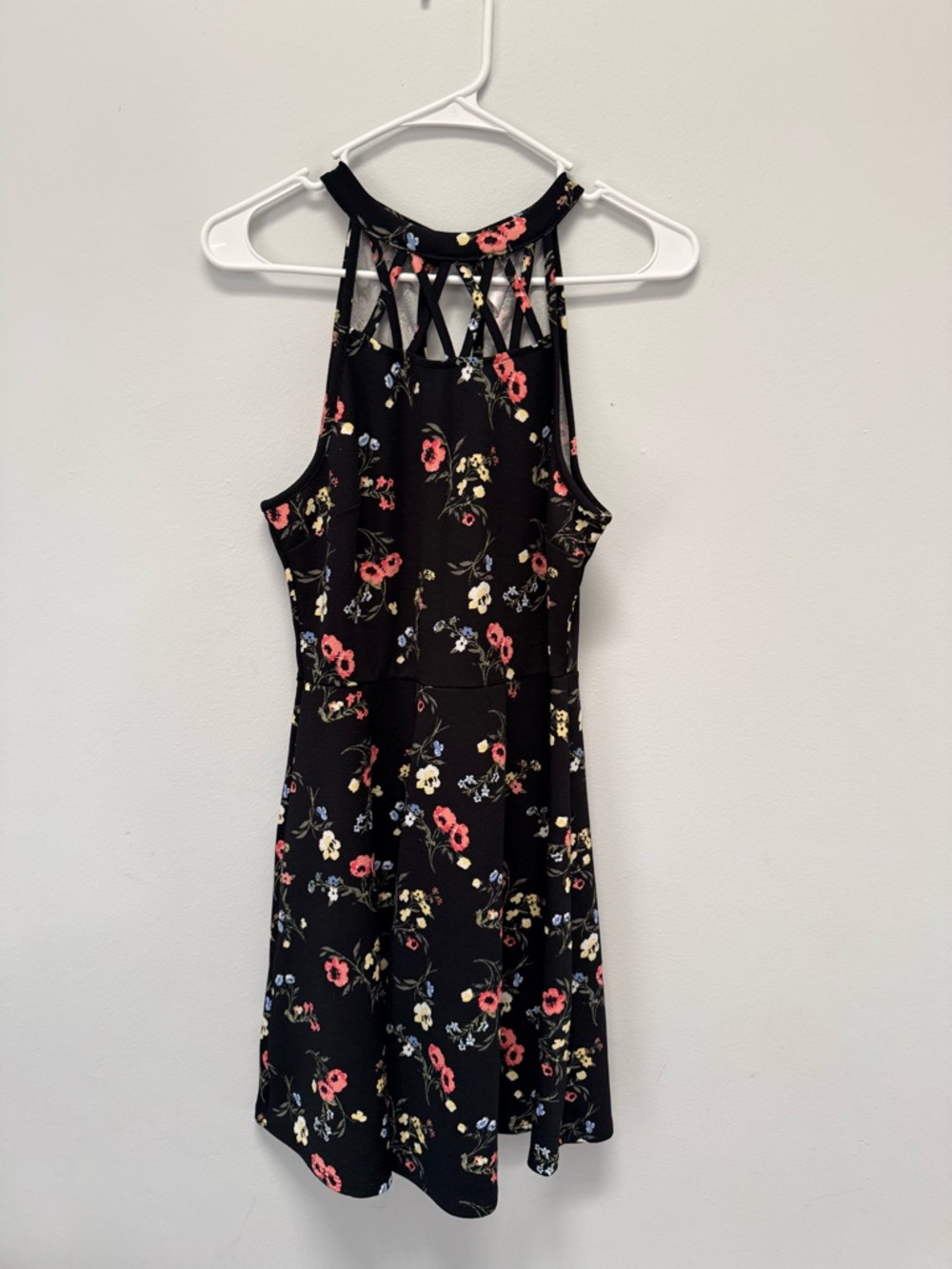 No Boundaries Black Floral Mini Dress with Lattice Neck